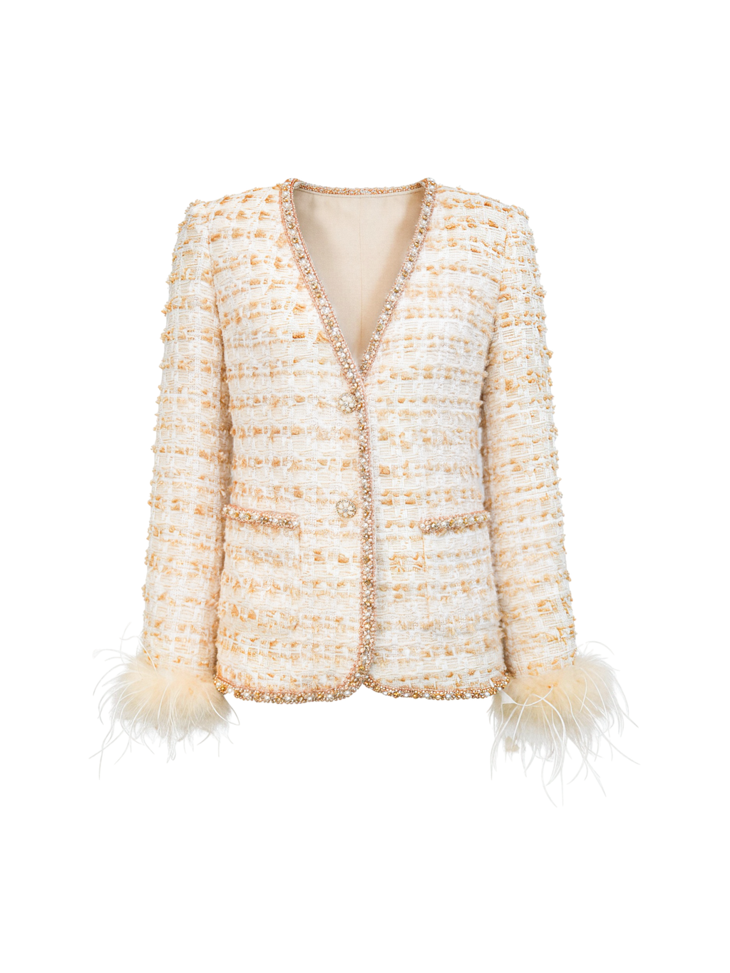 Rue Cambon V-Neck Waisted Tweed Top white background
