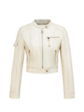 Rue Cambon Cropped Leather Moto Jacket white background