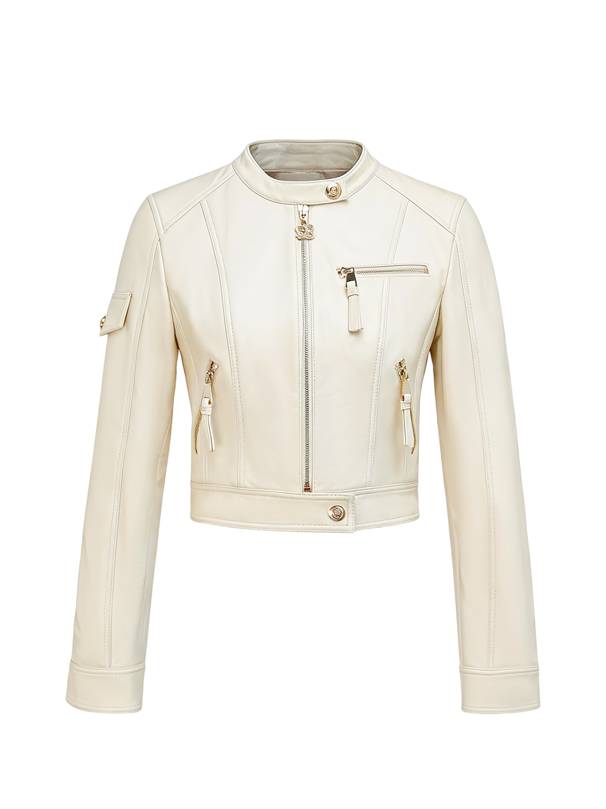 Rue Cambon Cropped Leather Moto Jacket white background