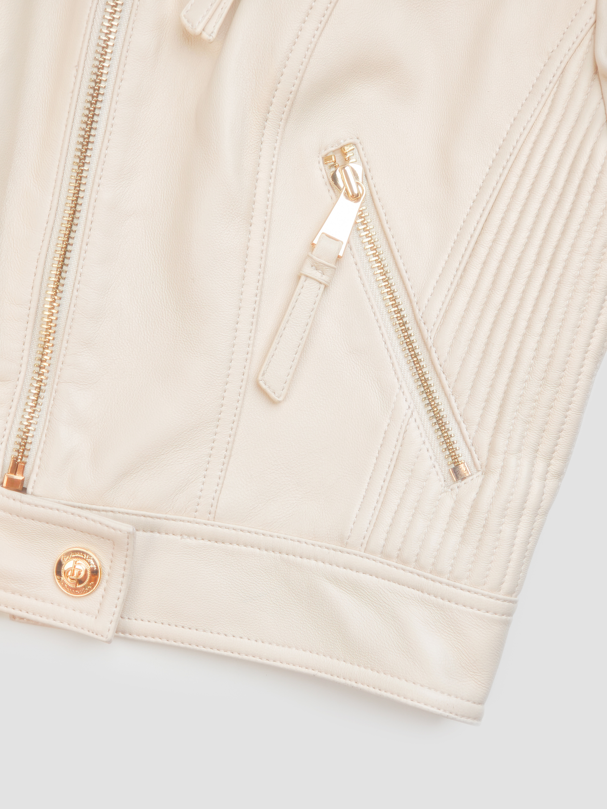 Rue Cambon Cropped Leather Moto Jacket white background