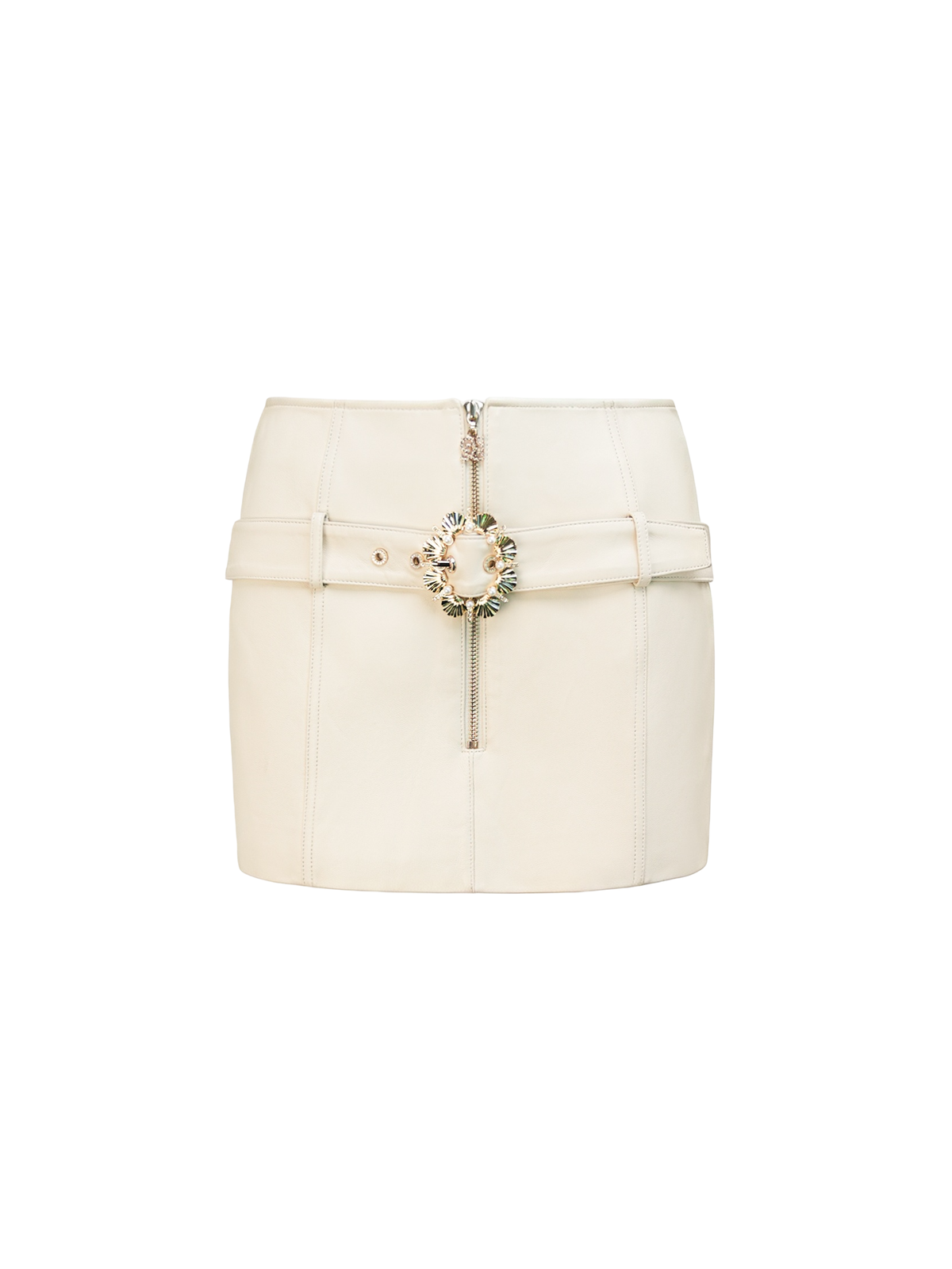 Pearl Wonderland Buckle Leather Mini Skirt white background