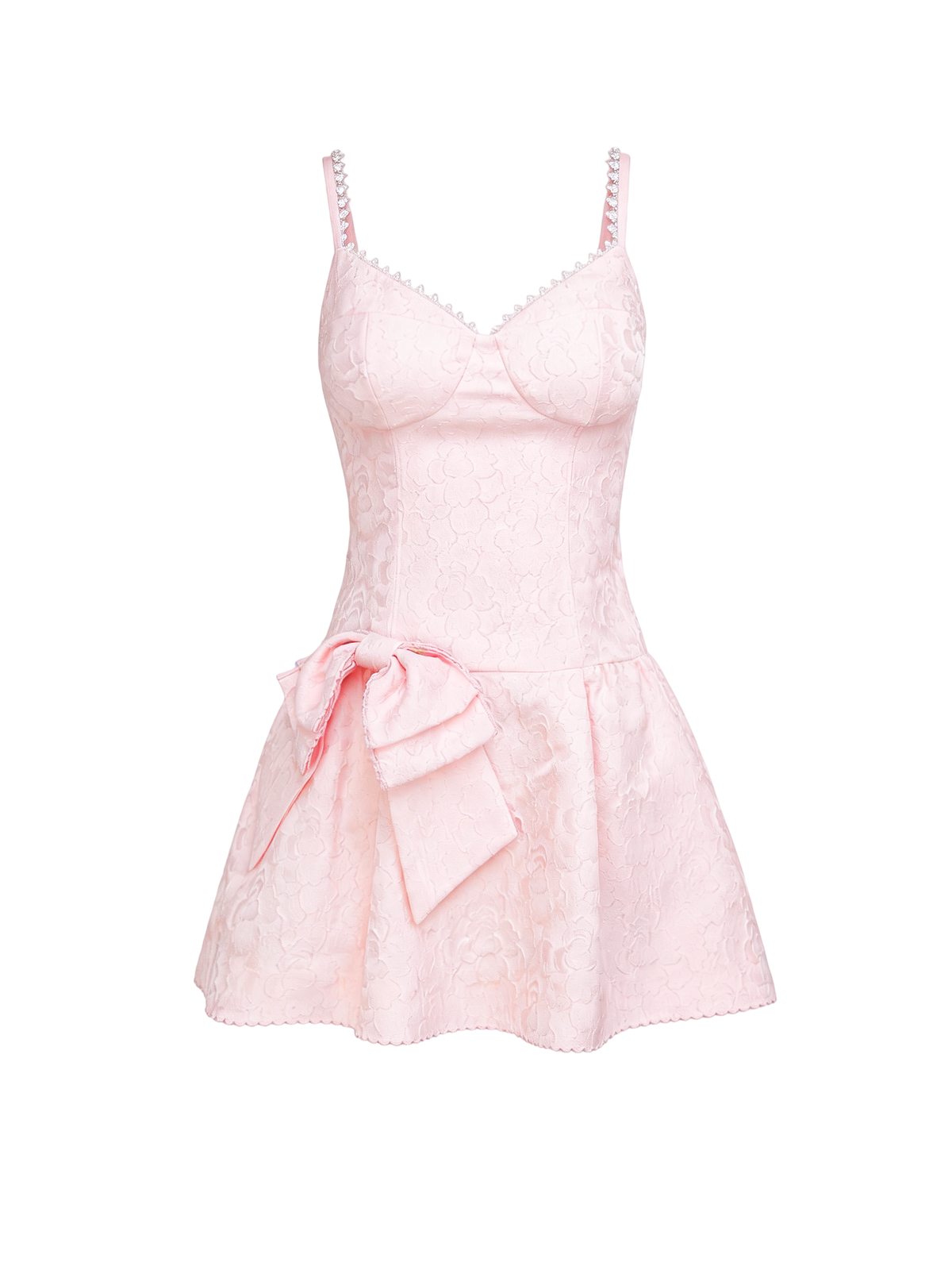 Sunset Bloom Pink Rhinestone Lace Bow Mini Dress white background