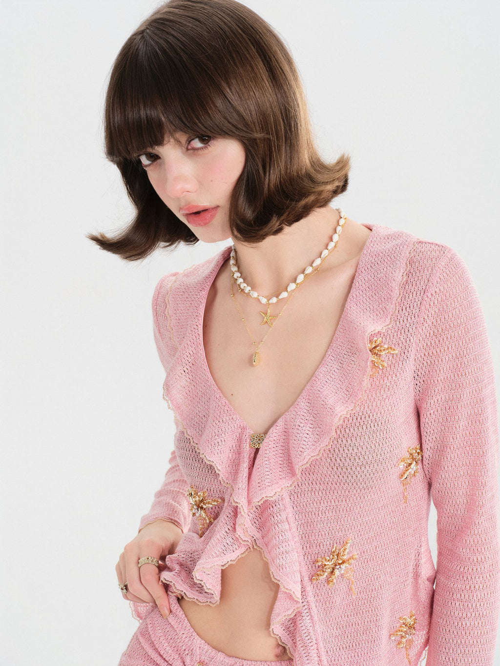 Morning Muse Pink Ruffle V-Neck Knit Two-Piece Set styling