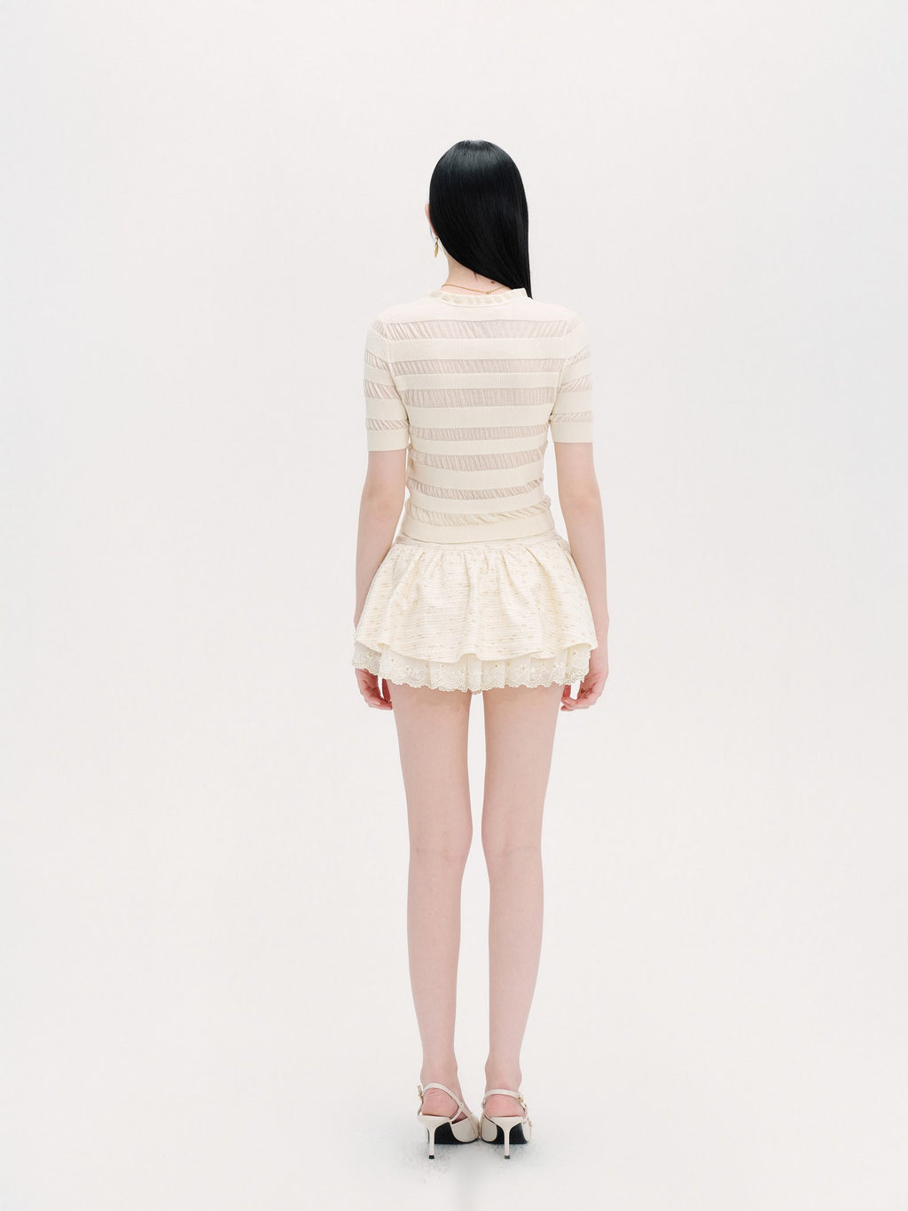 Rue Cambon Openwork Striped Rhinestone Short-Sleeve Knit Top back view