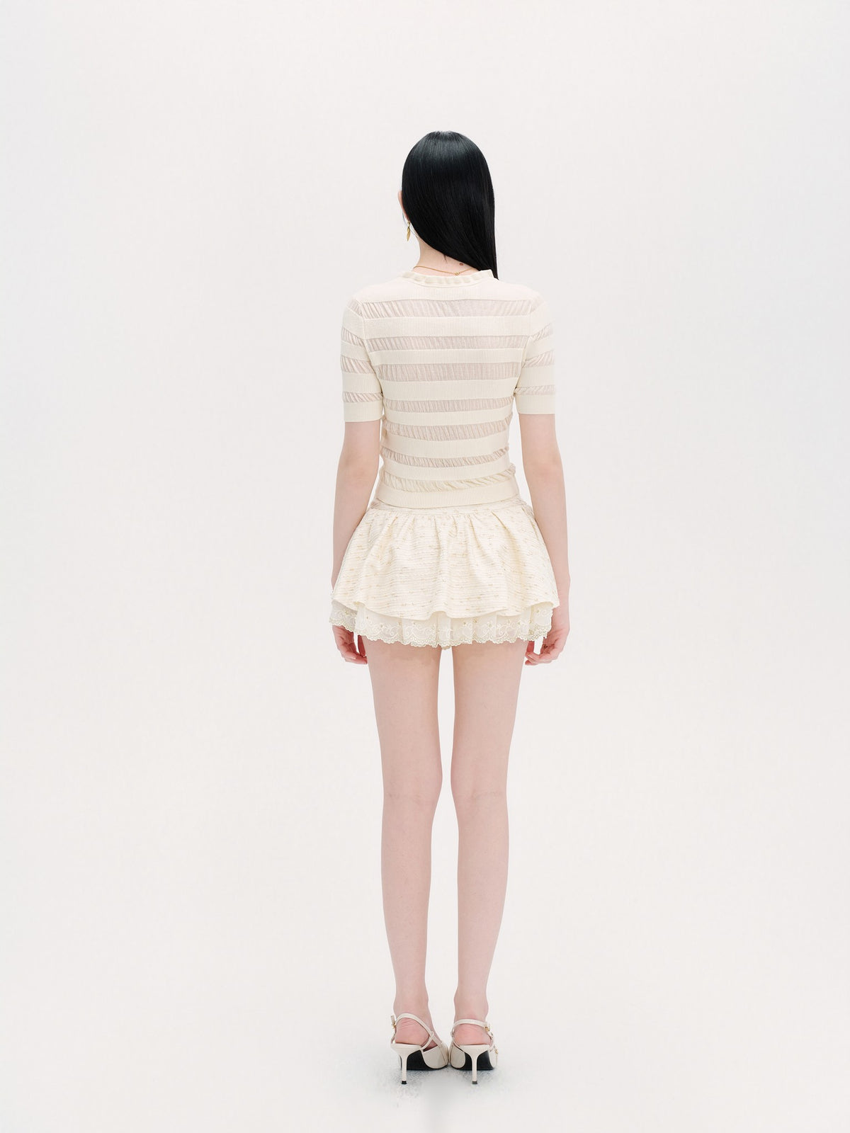 Rue Cambon Openwork Striped Rhinestone Short-Sleeve Knit Top back view