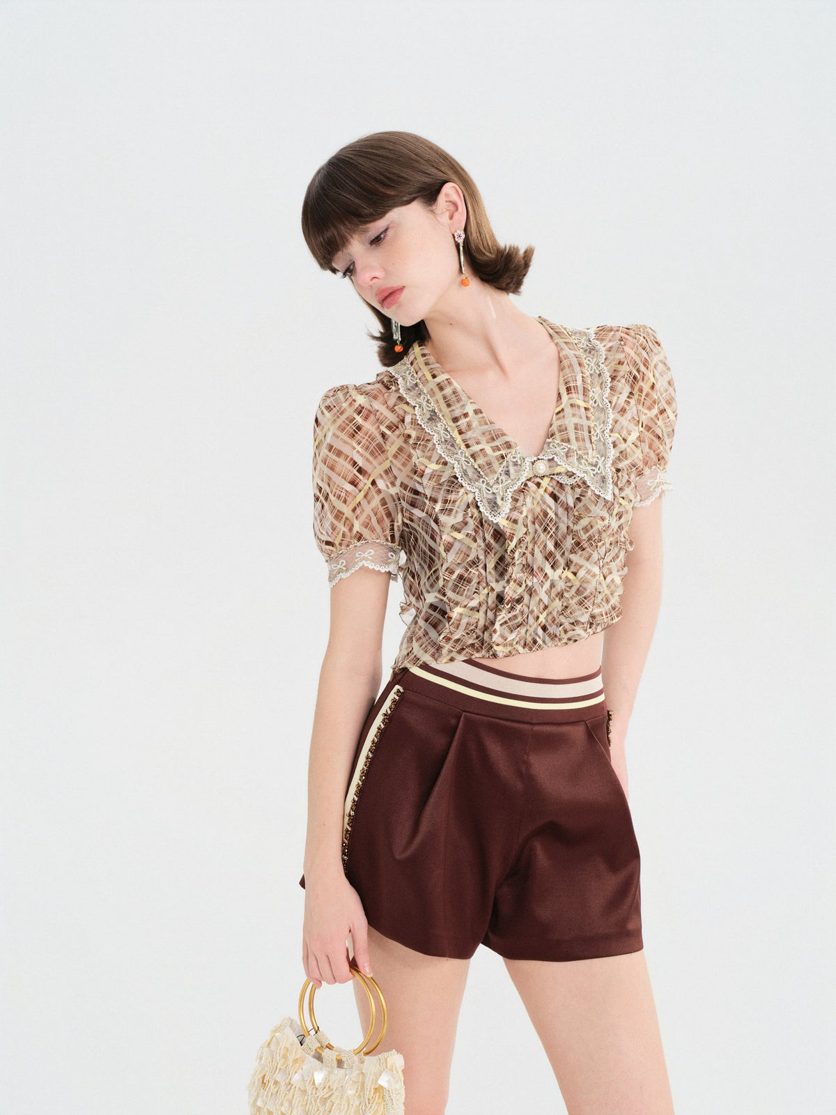 Morning Muse Brown Vintage Glitter Check V-Neck Embroidered Blouse Mustard Brown styling