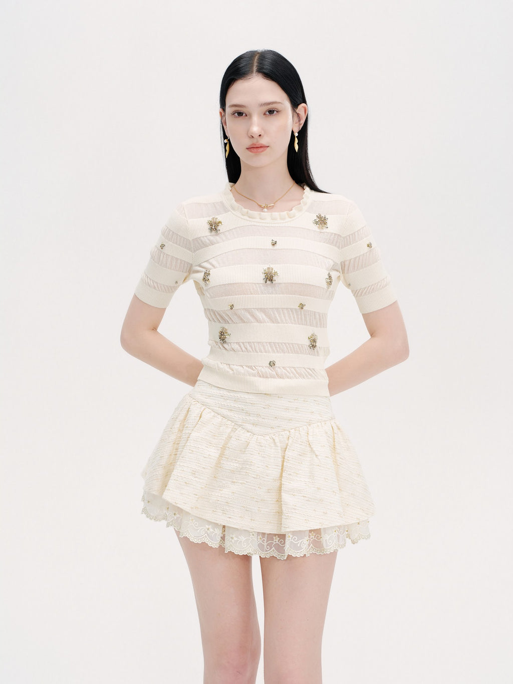 Rue Cambon Openwork Striped Rhinestone Short-Sleeve Knit Top side profile