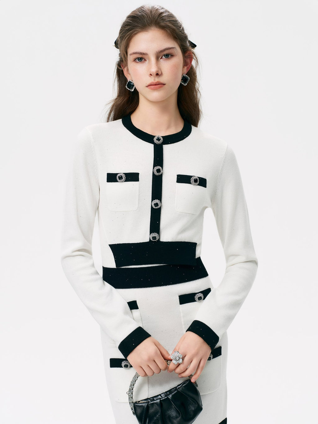 Rue Cambon White Sequin Tweed Knit Mini Dress styling