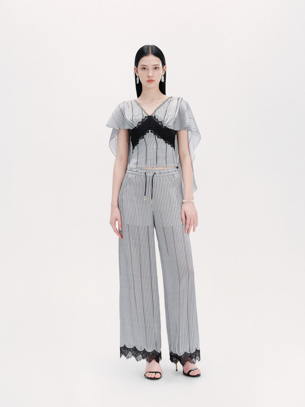 Morning Muse Blue Striped Lace Detail French Elegant Trousers front detail