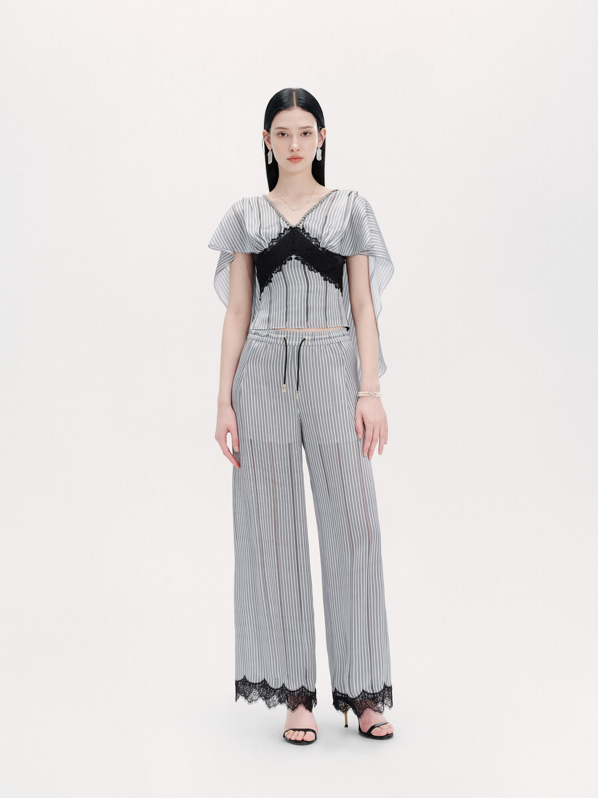 Morning Muse Blue Striped Lace Detail French Elegant Trousers front detail
