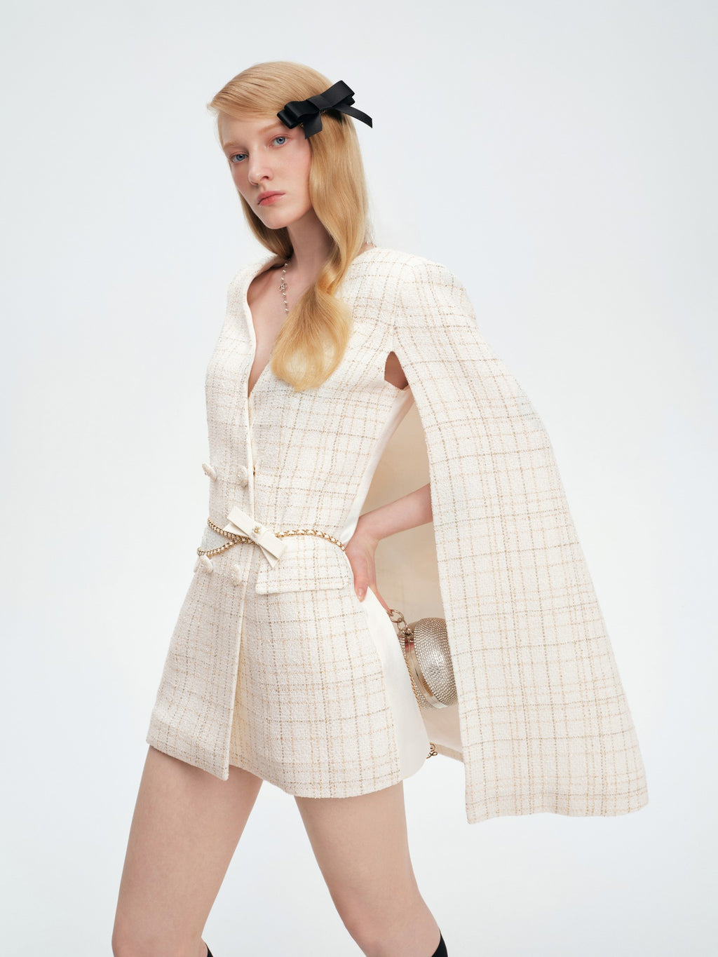 Mayfair Off-White Tweed Relaxed V-Neck Cape Coat full look