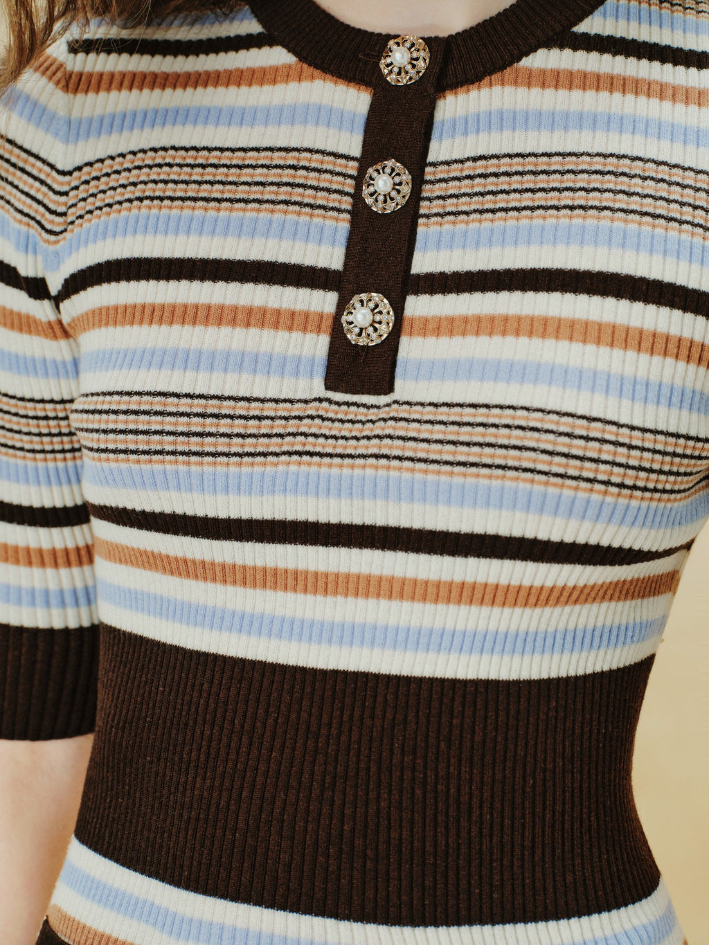 Rue Cambon Brown Striped Rhinestone Color-Block Knit Mini Dress styling
