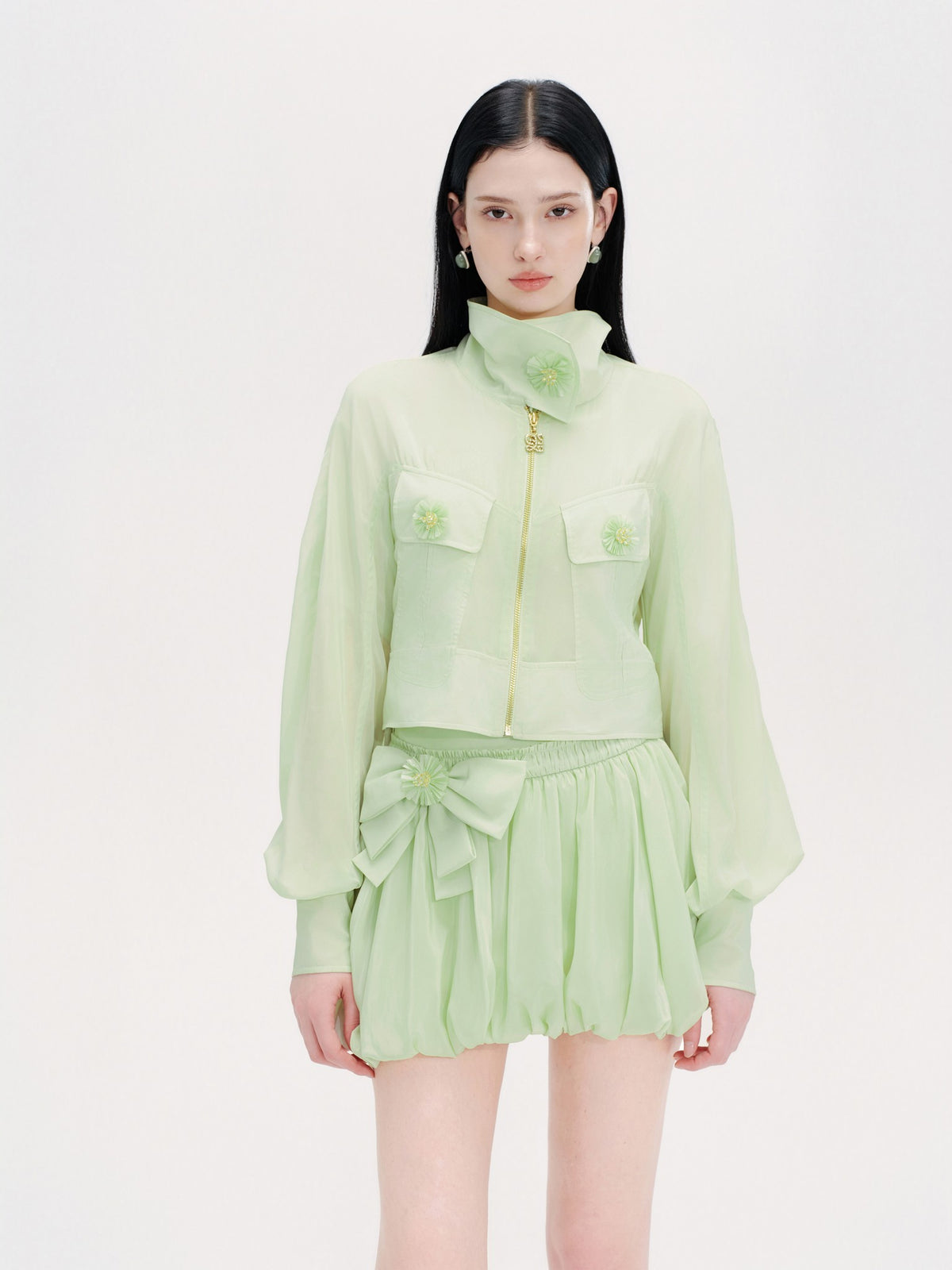 Morning Muse Green Embroidered Hooded Zip-Up Jacket detail shot