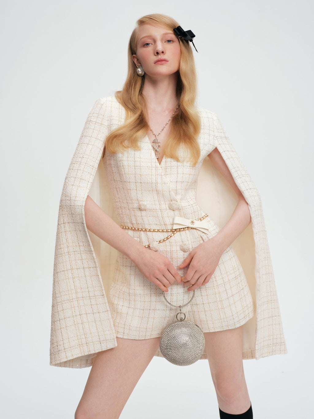 Mayfair Off-White Tweed Relaxed V-Neck Cape Coat side profile