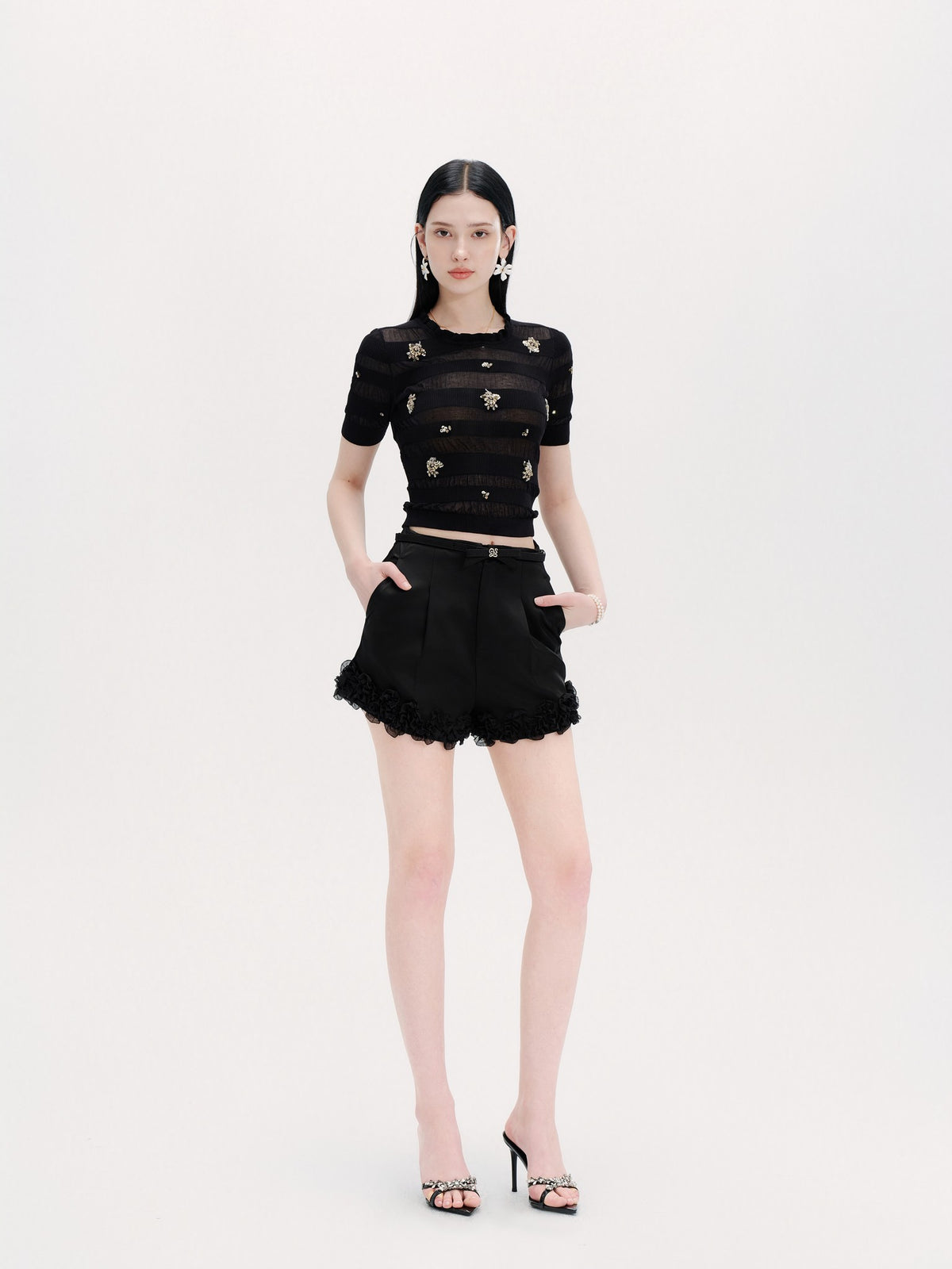 Rue Cambon Openwork Striped Rhinestone Short-Sleeve Knit Top full body