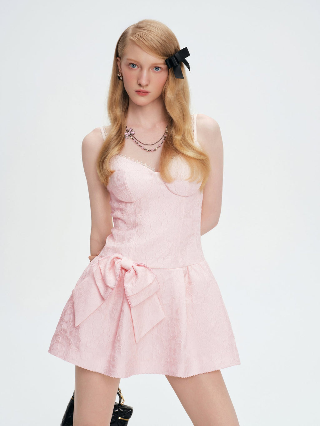 Sunset Bloom Pink Rhinestone Lace Bow Mini Dress Pink styling