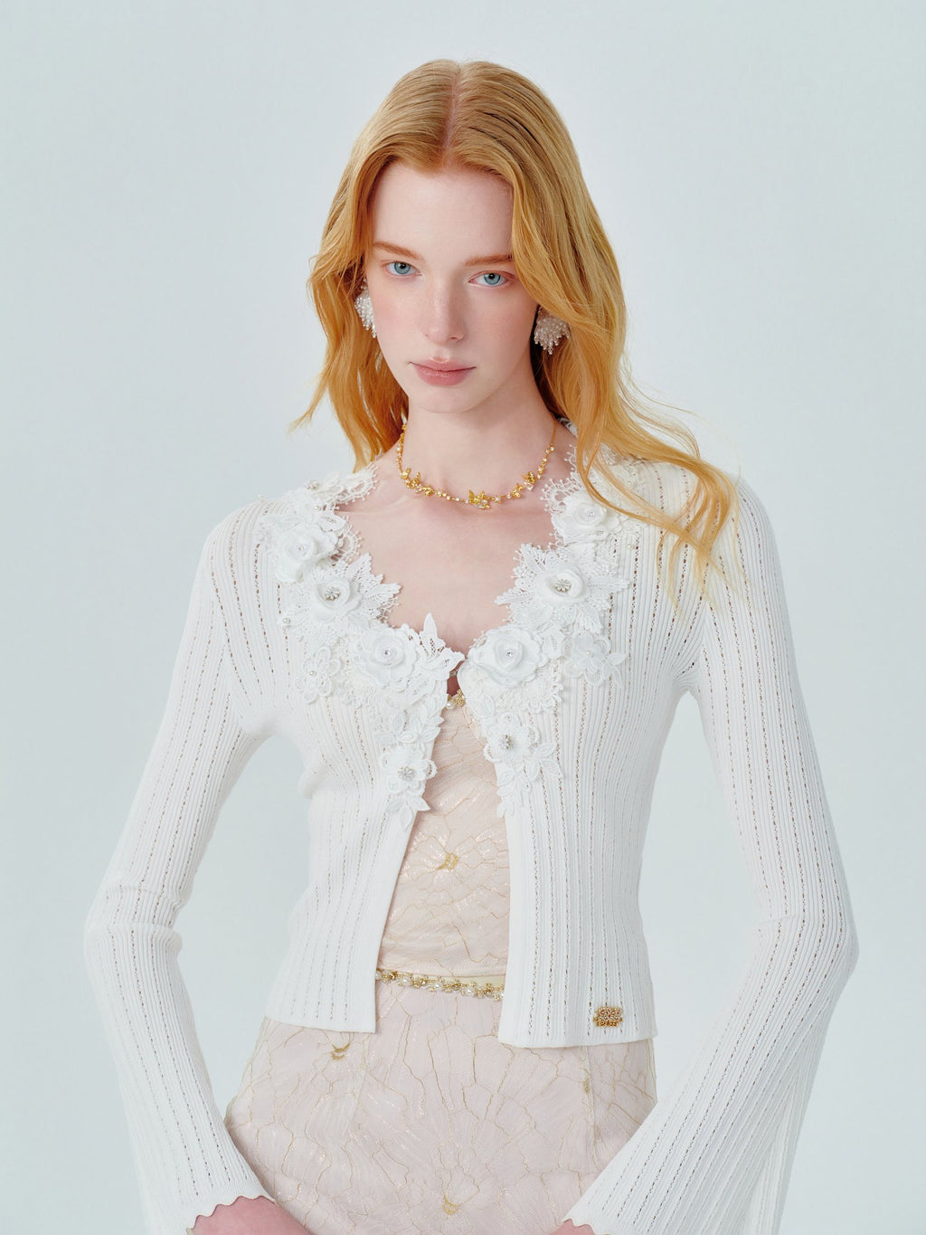 Pearl Wonderland 3D Embroidery Beaded Knit Cardigan White styling