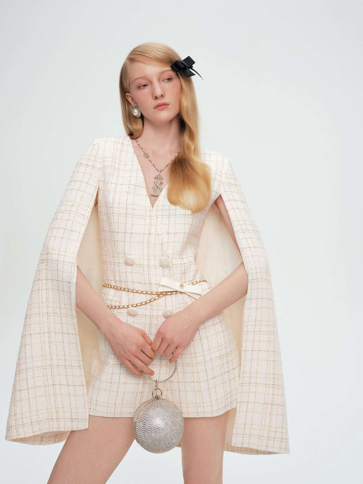 Mayfair Off-White Tweed Relaxed V-Neck Cape Coat editorial view