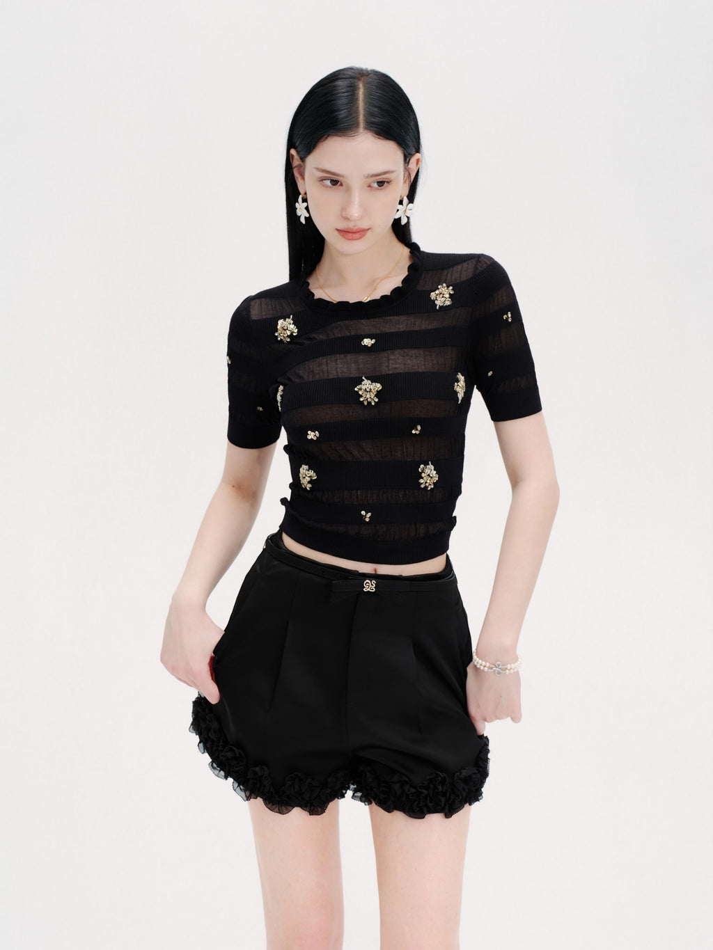 Rue Cambon Openwork Striped Rhinestone Short-Sleeve Knit Top movement