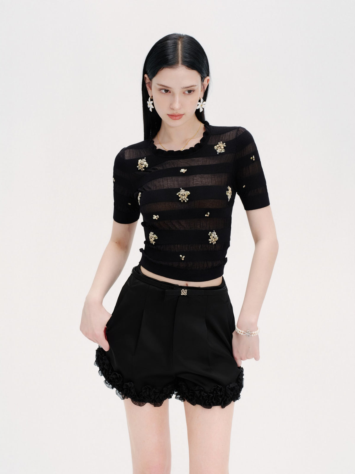 Rue Cambon Openwork Striped Rhinestone Short-Sleeve Knit Top movement