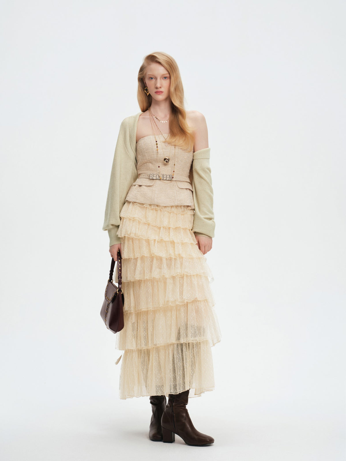 Pearl Wonderland Layered Lace Polka Dot Tulle Maxi Skirt back view