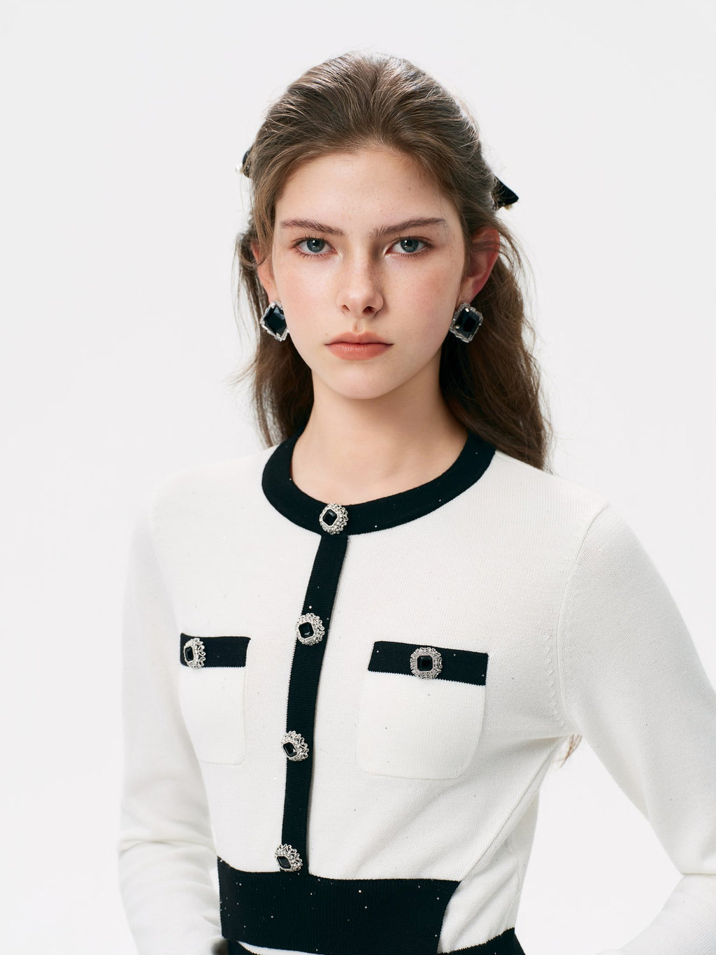 Rue Cambon White Sequin Tweed Knit Mini Dress look