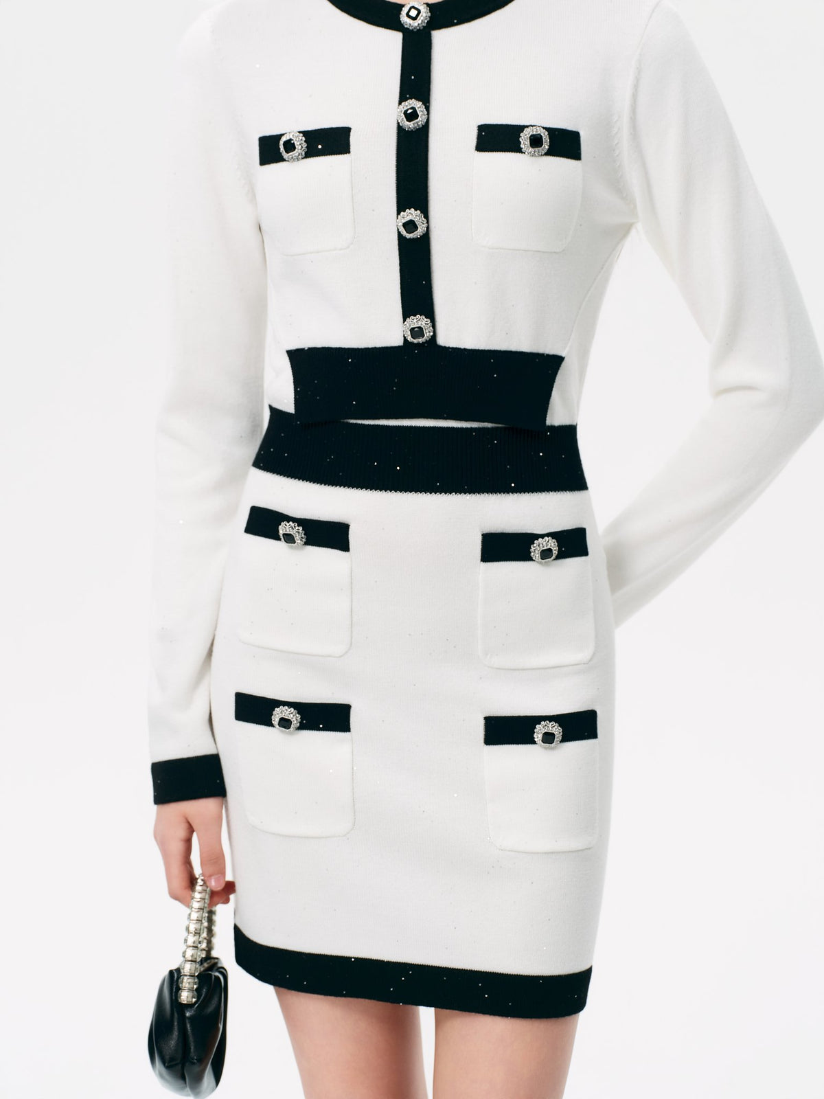 Rue Cambon White Sequin Tweed Knit Mini Dress side profile