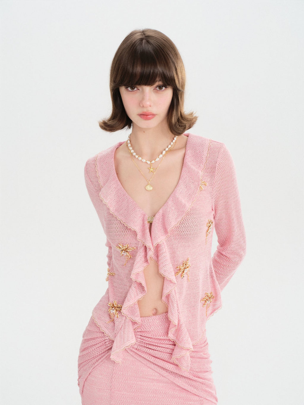 Morning Muse Pink Ruffle V-Neck Knit Two-Piece Set back view