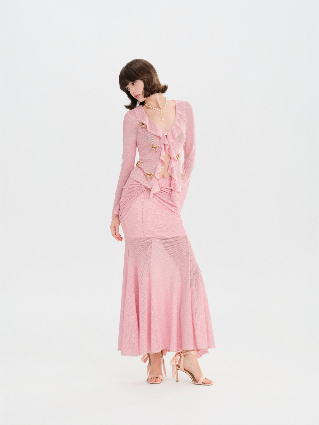 Morning Muse Pink Ruffle V-Neck Knit Two-Piece Set fabric close-up
