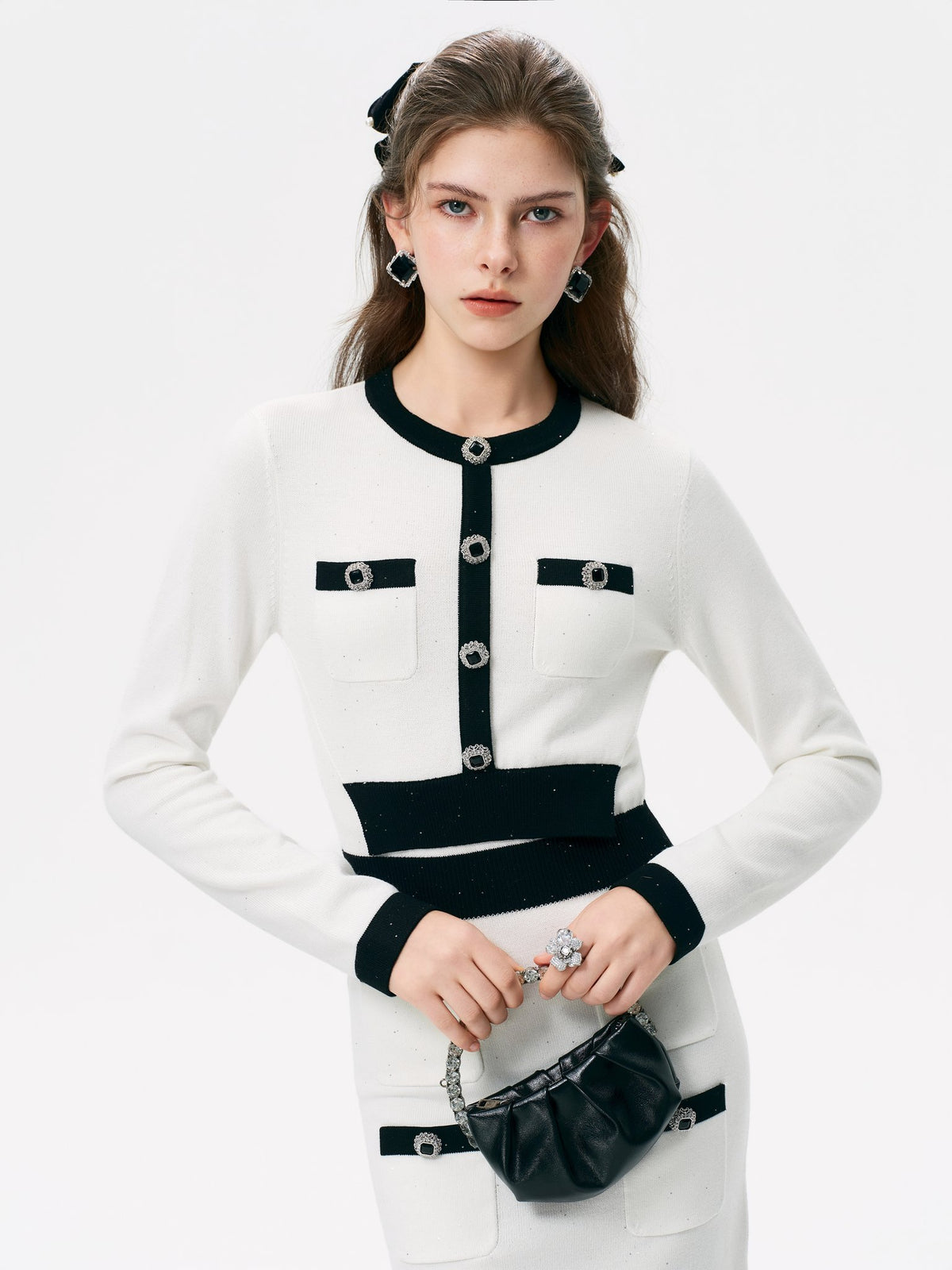 Rue Cambon White Sequin Tweed Knit Mini Dress detail