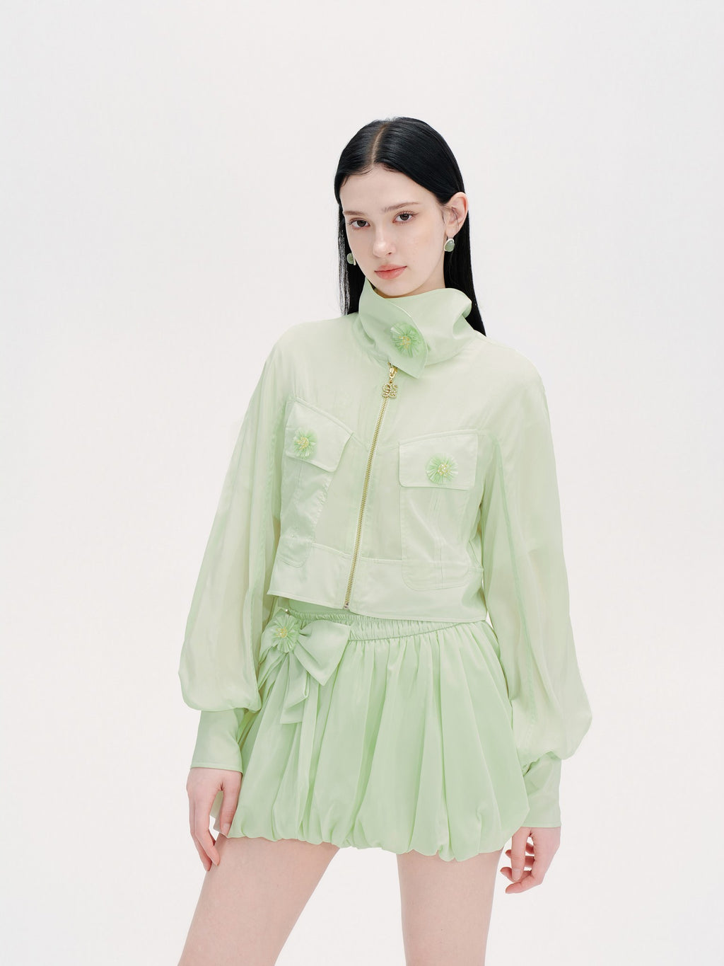 Morning Muse Green Embroidered Hooded Zip-Up Jacket styling