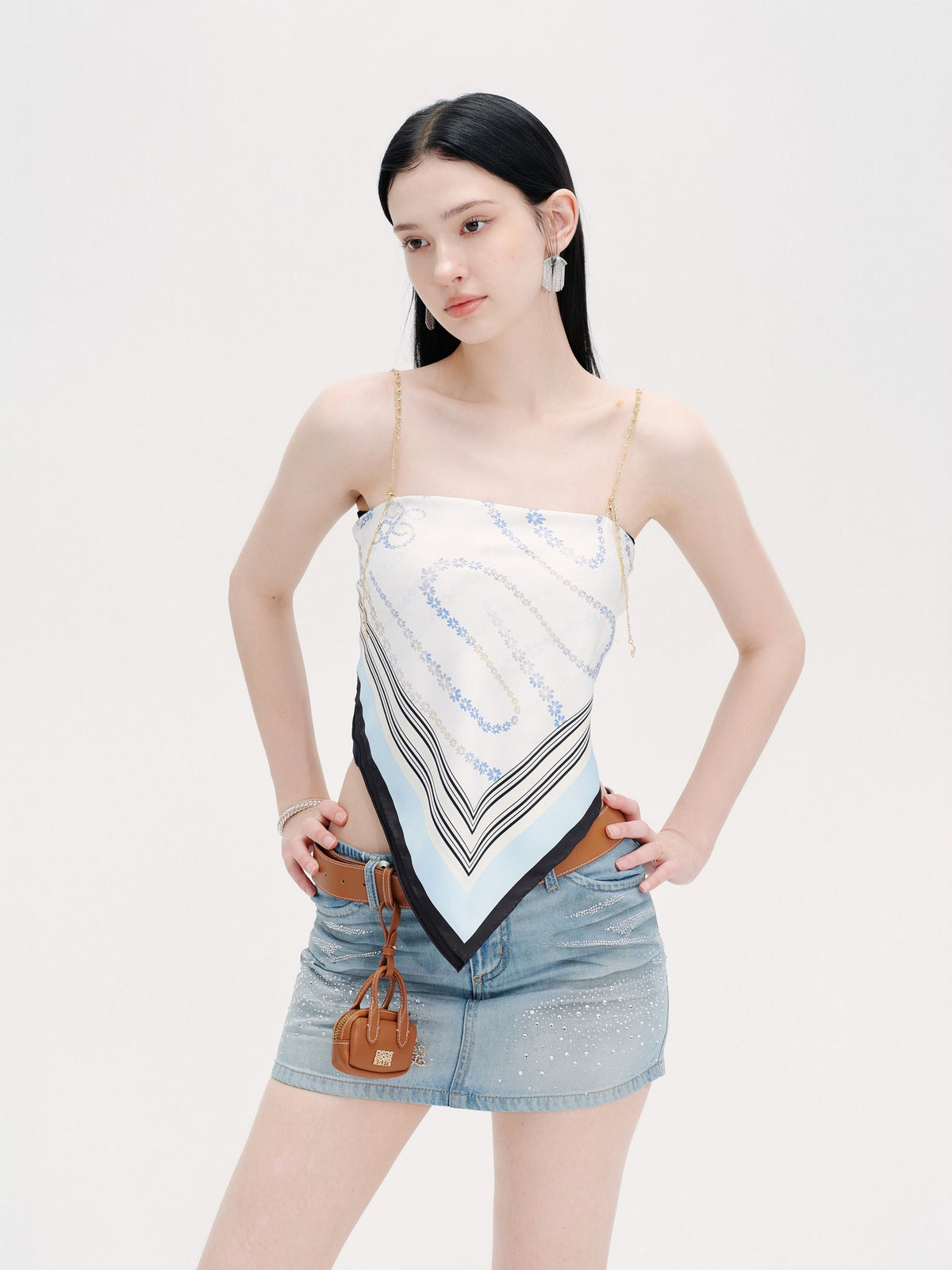 Riviera Diamond-Check Silk Scarf Bustier Top detail shot