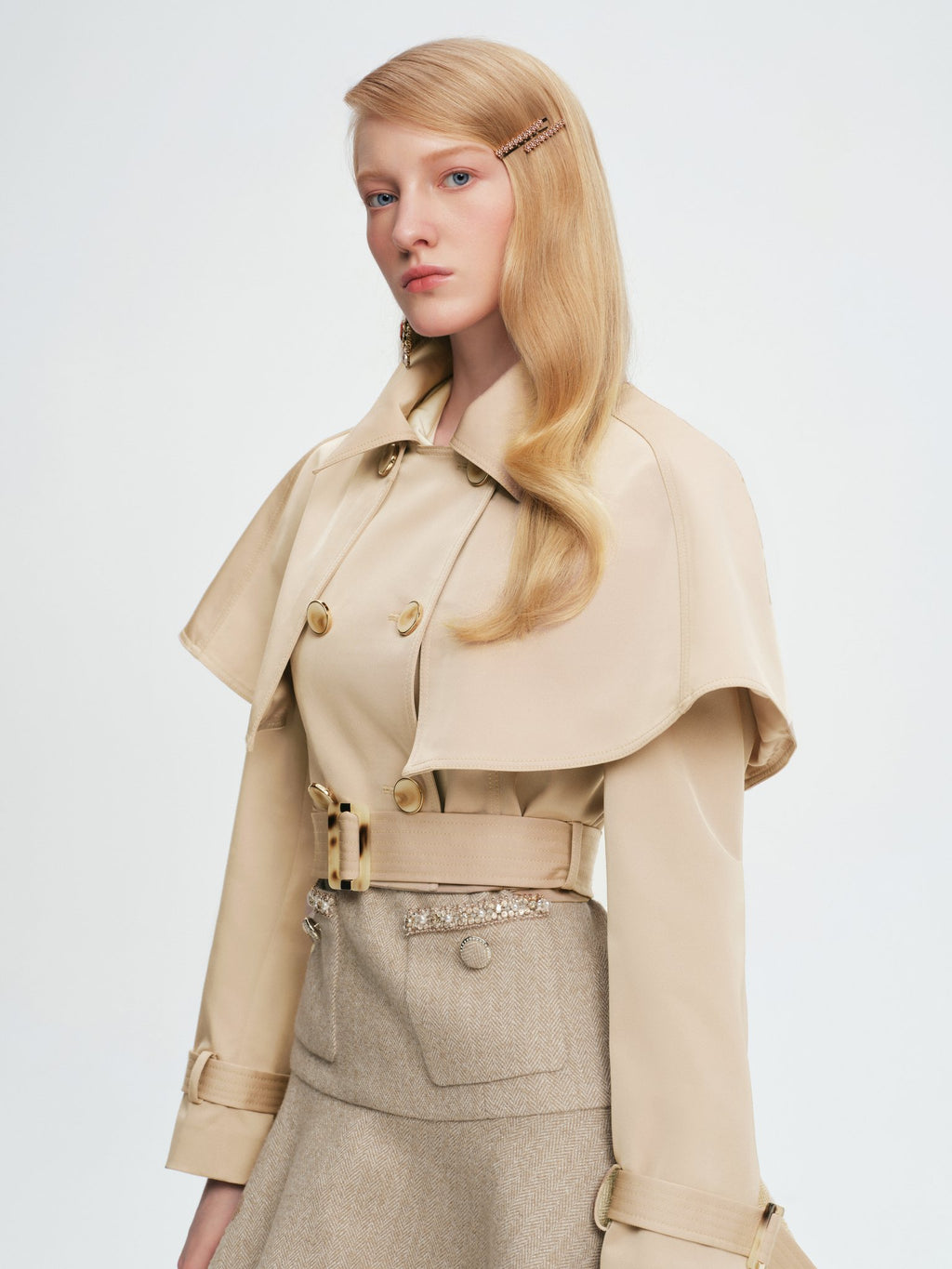 Mayfair Lapel Cape Double-Breasted Belted Short Coat Beige front detail