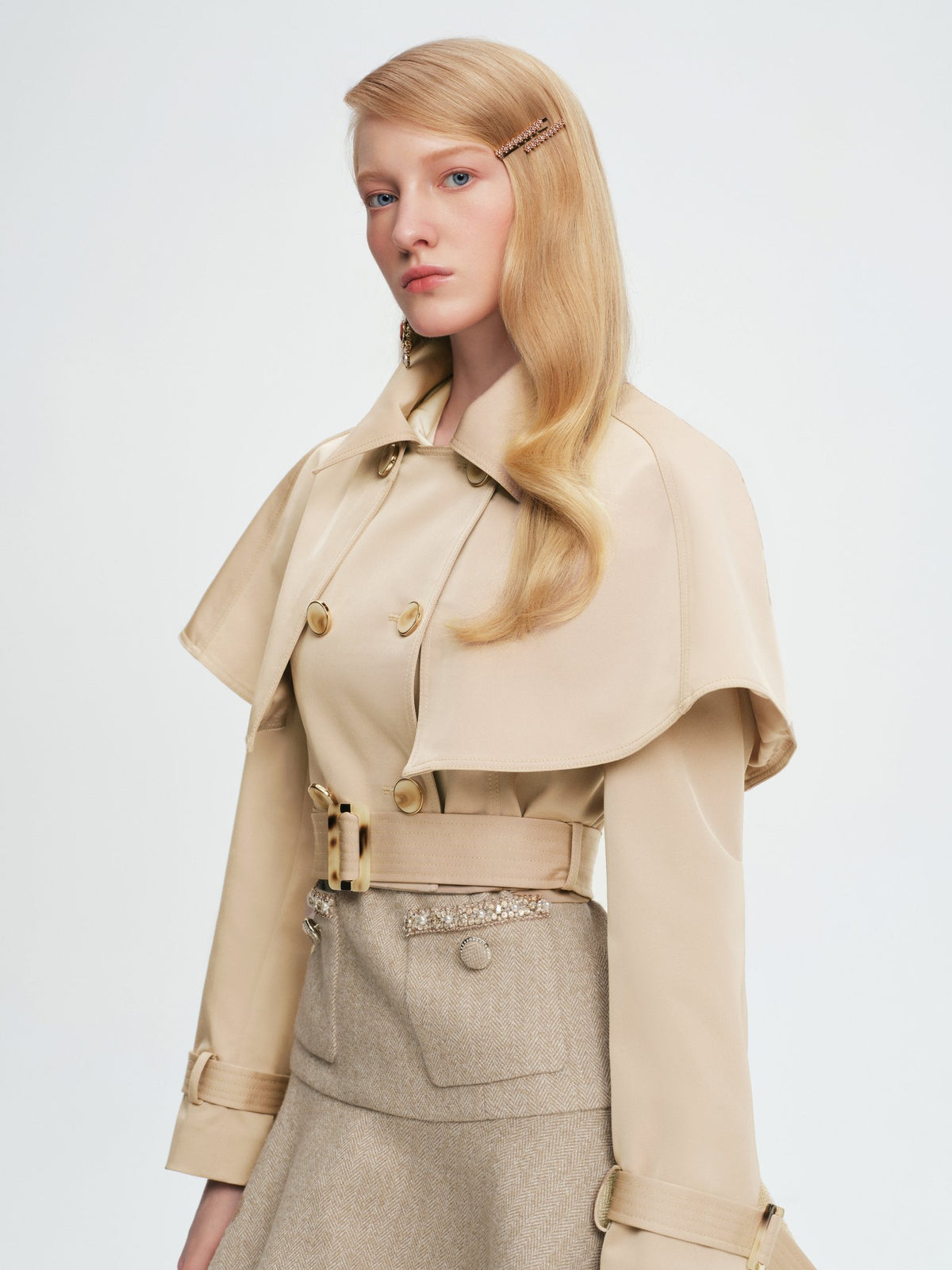 Mayfair Lapel Cape Double-Breasted Belted Short Coat Beige front detail