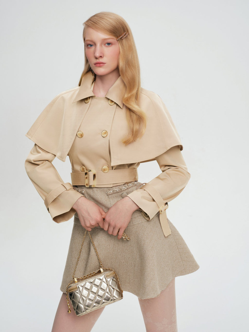 Mayfair Lapel Cape Double-Breasted Belted Short Coat Beige back view