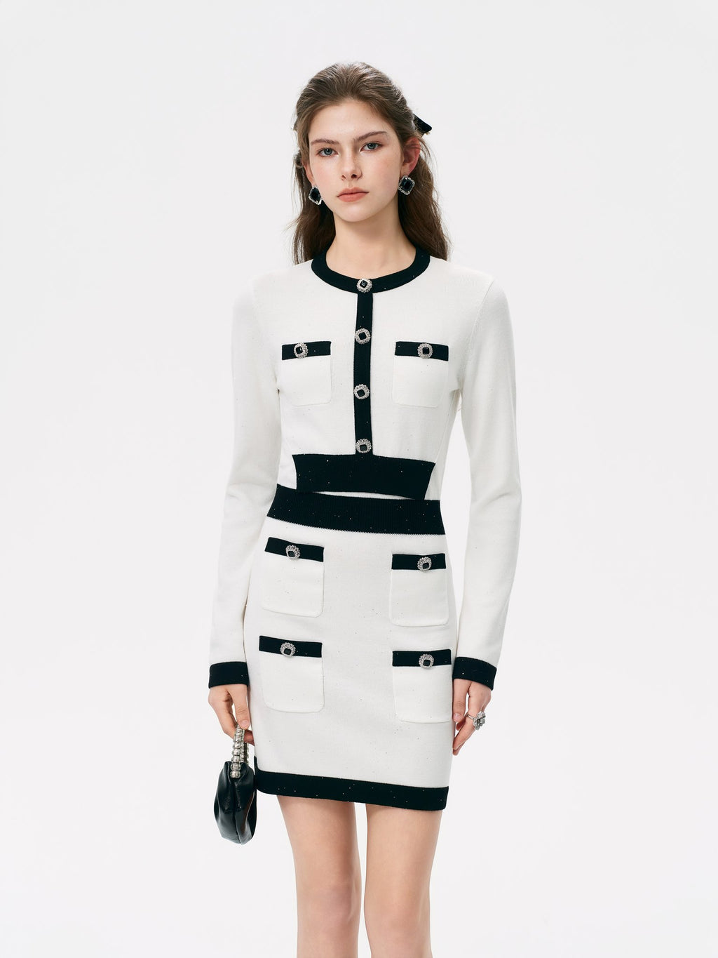 Rue Cambon White Sequin Tweed Knit Mini Dress front detail