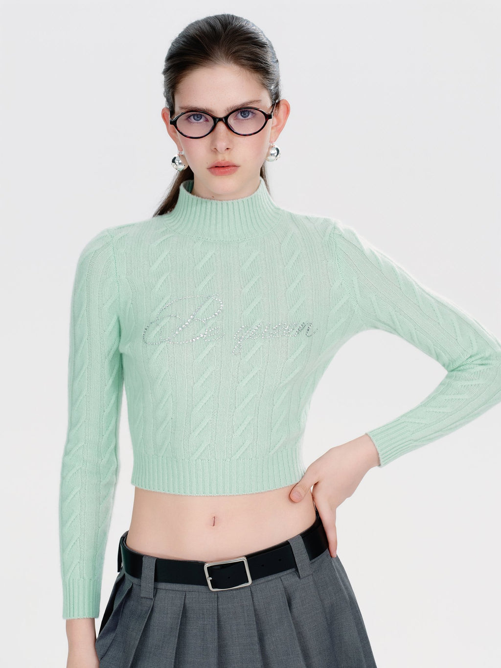 Morning Muse Green Cashmere Rhinestone Cable Knit Sweater styling