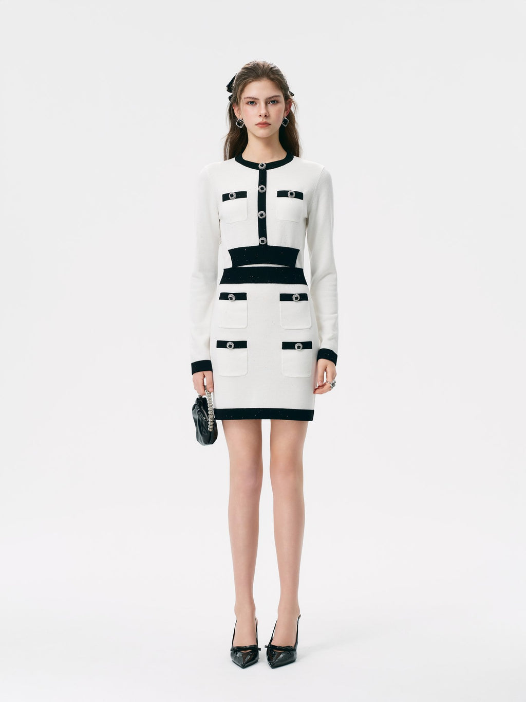 Rue Cambon White Sequin Tweed Knit Mini Dress full look