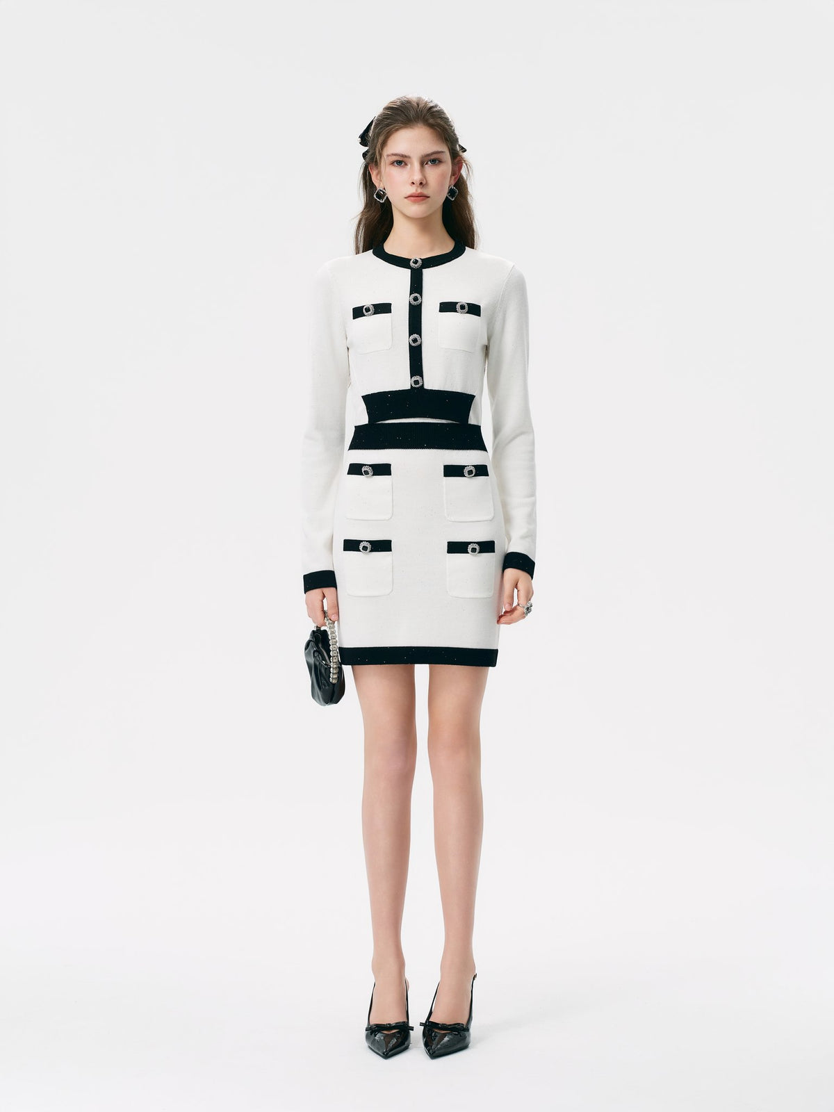 Rue Cambon White Sequin Tweed Knit Mini Dress full look