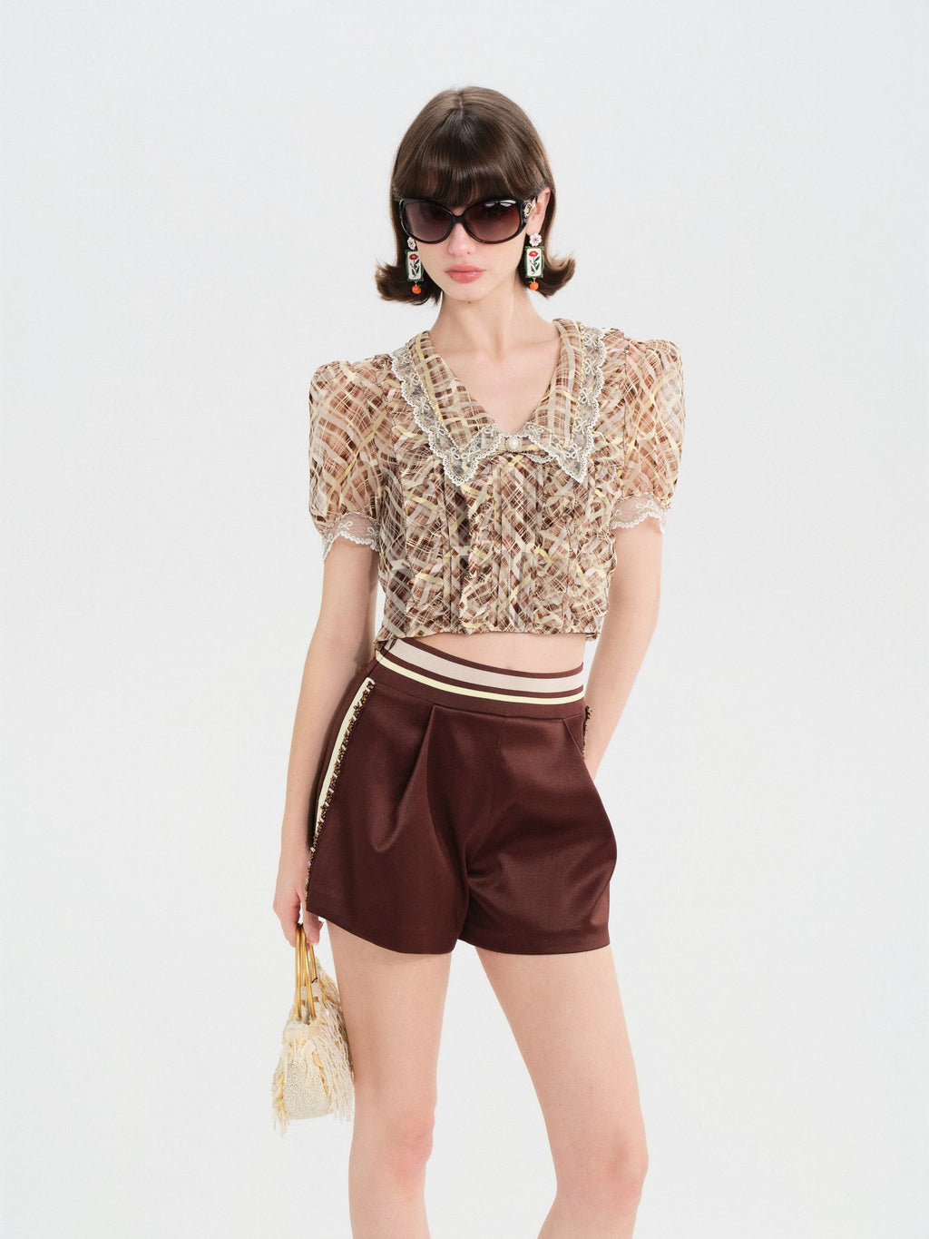 Morning Muse Brown Vintage Glitter Check V-Neck Embroidered Blouse Mustard Brown look