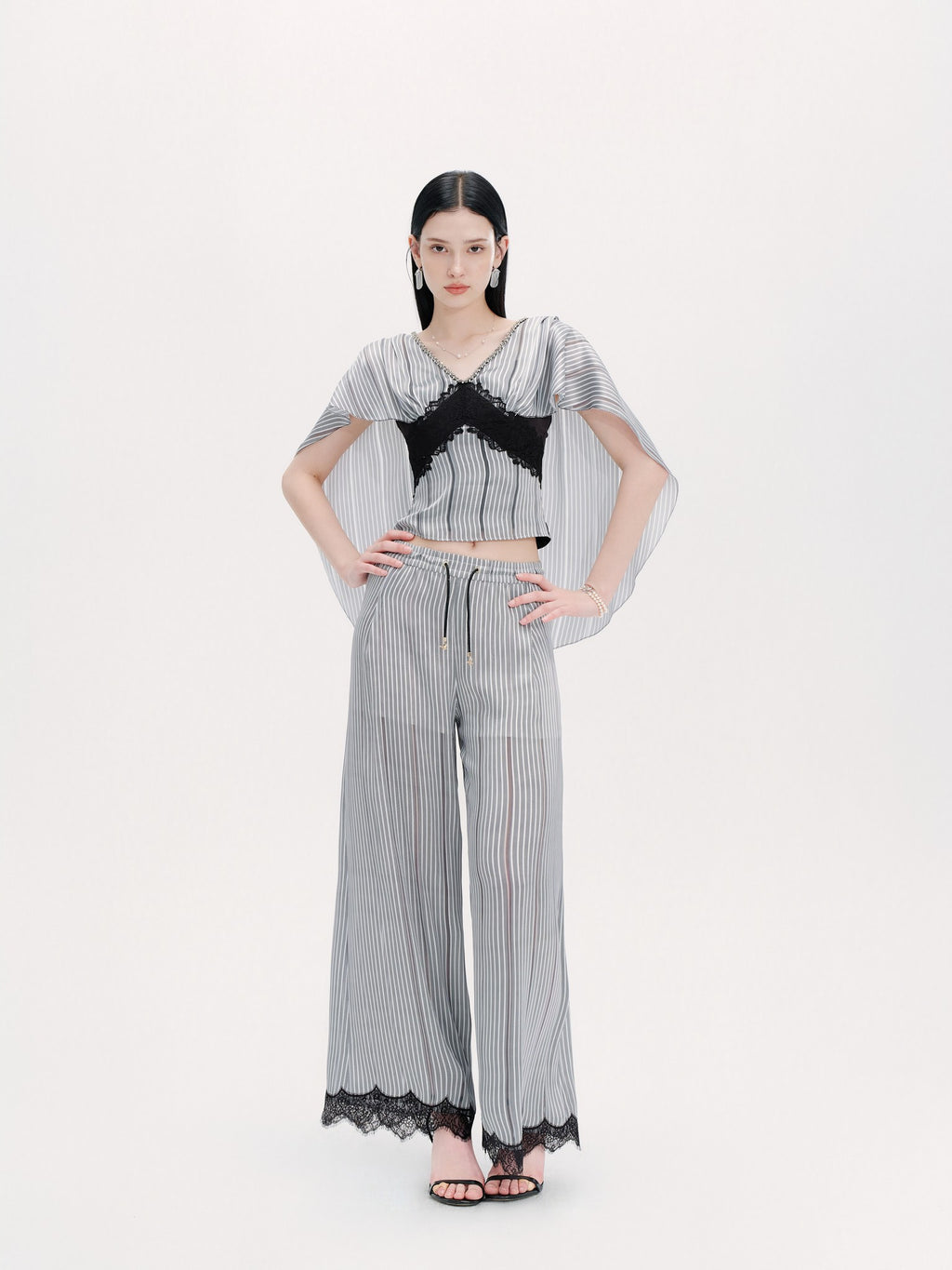 Morning Muse Blue Striped Lace Detail French Elegant Trousers back view