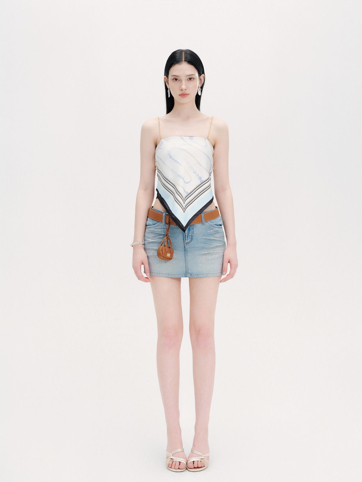 Riviera Diamond-Check Silk Scarf Bustier Top movement