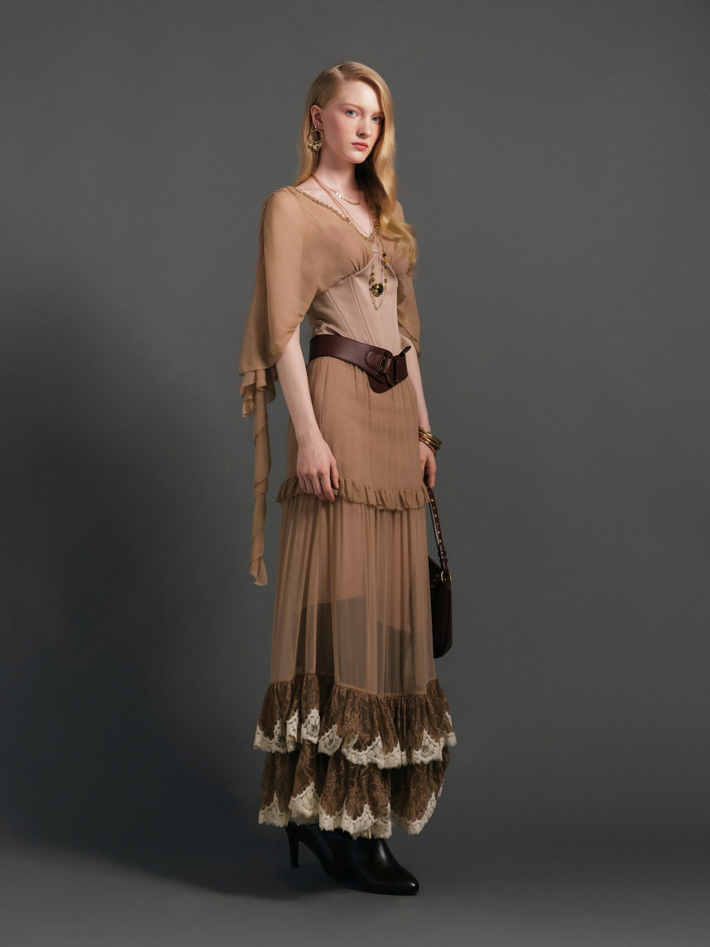 Morning Muse Brown V-Neck Patchwork Fitted Cropped Top full look