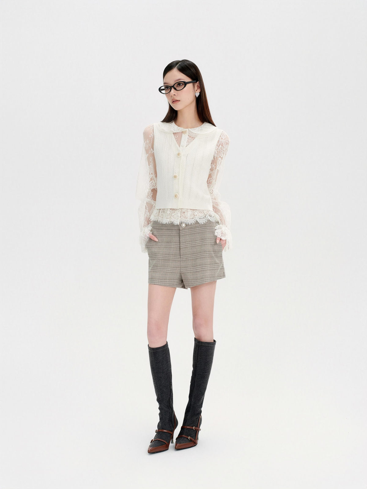 Morning Muse Lace Embroidered Doll Collar Knit Blouse fabric close-up