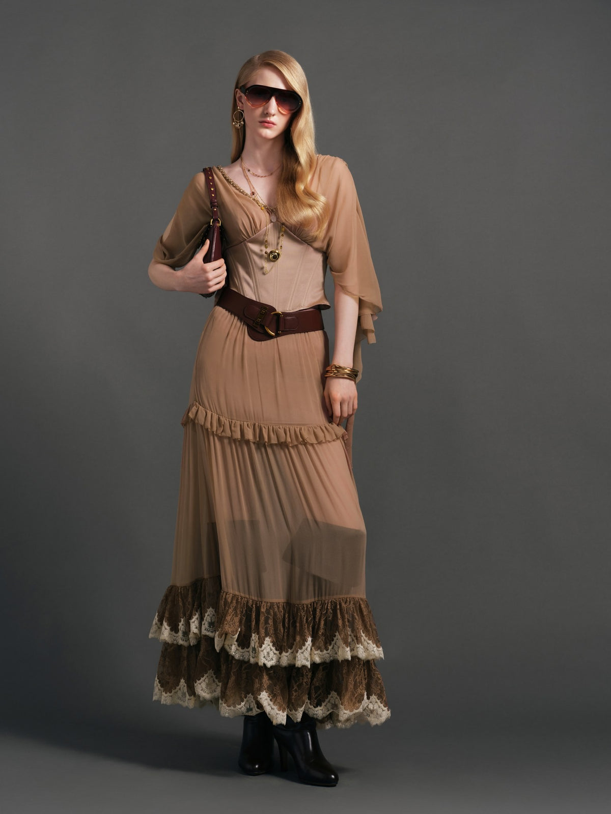 Morning Muse Brown V-Neck Patchwork Fitted Cropped Top front detail
