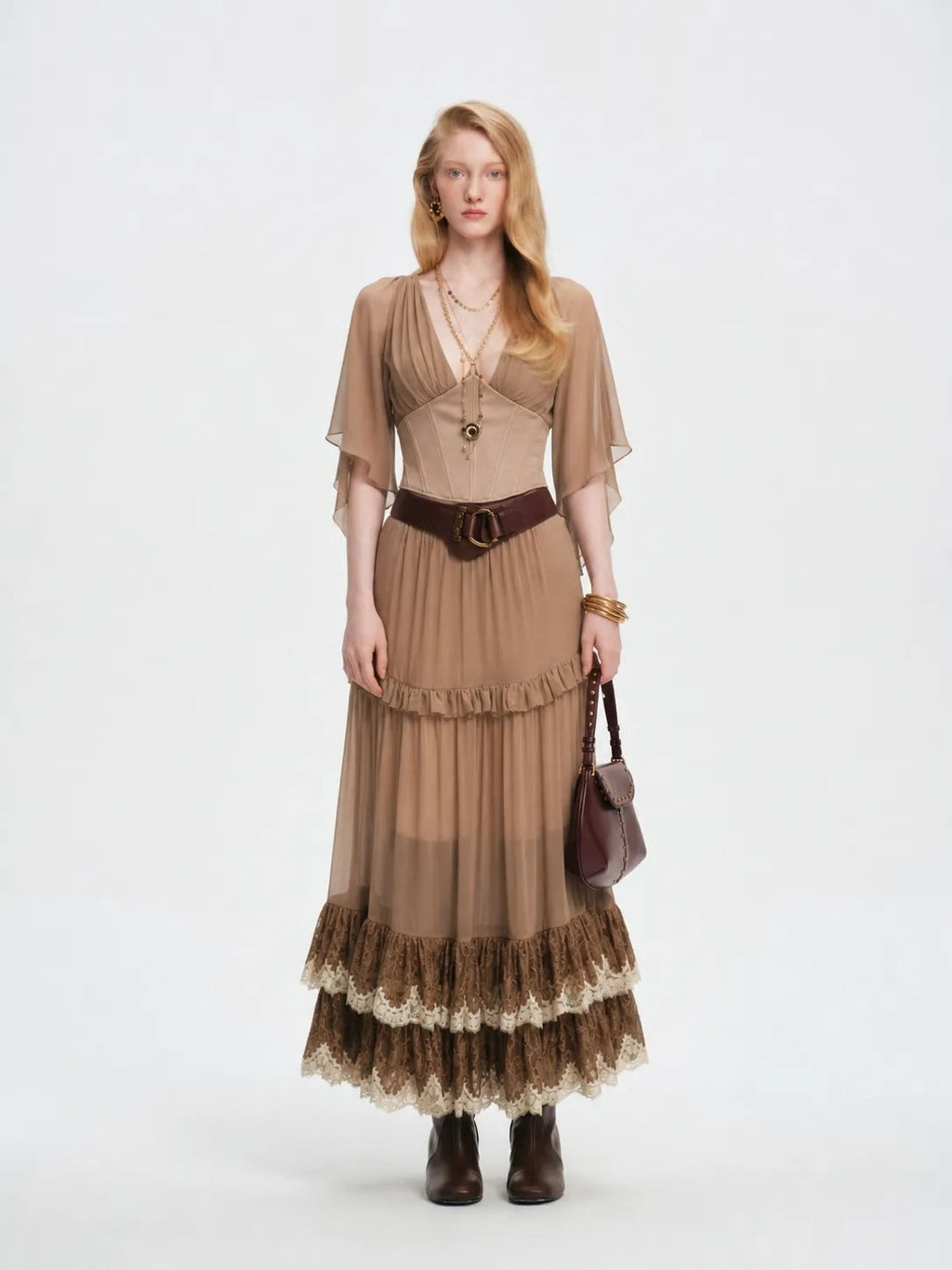 Morning Muse Brown V-Neck Patchwork Fitted Cropped Top overall look