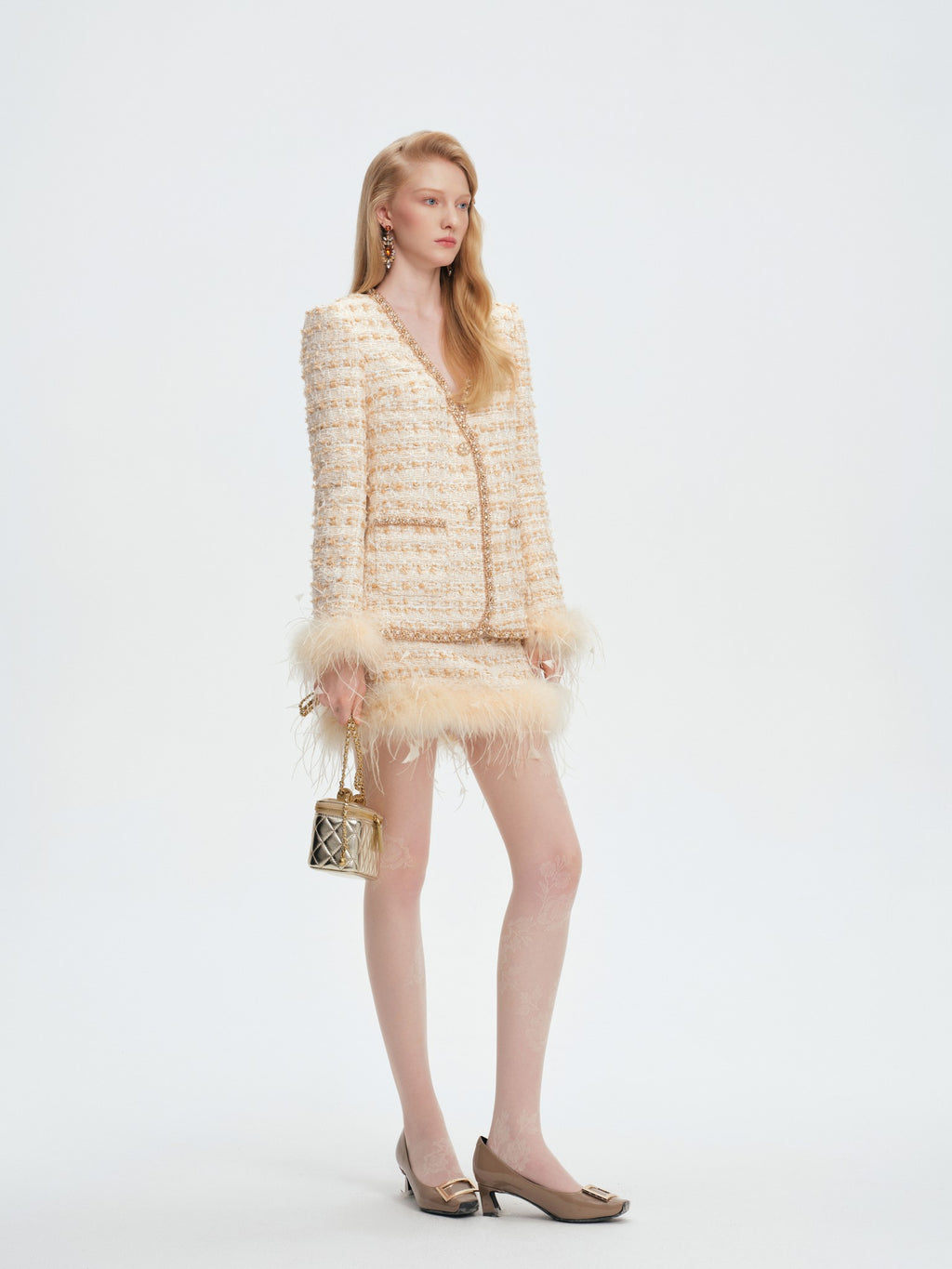 Rue Cambon V-Neck Waisted Tweed Top and Skirt Set front detail