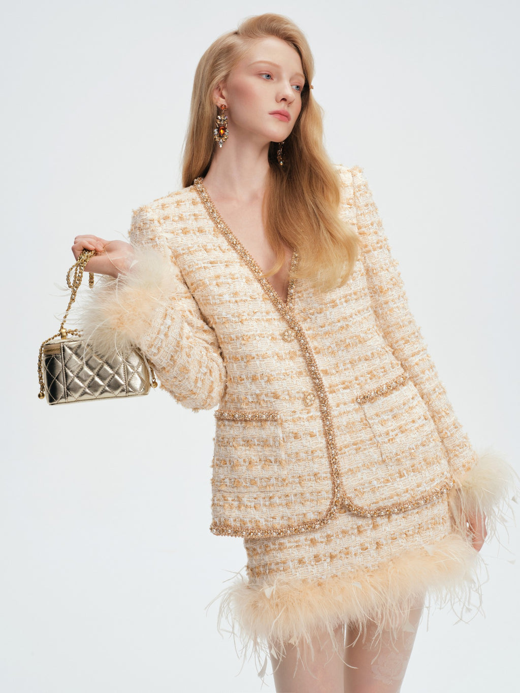 Rue Cambon V-Neck Waisted Tweed Top and Skirt Set back view