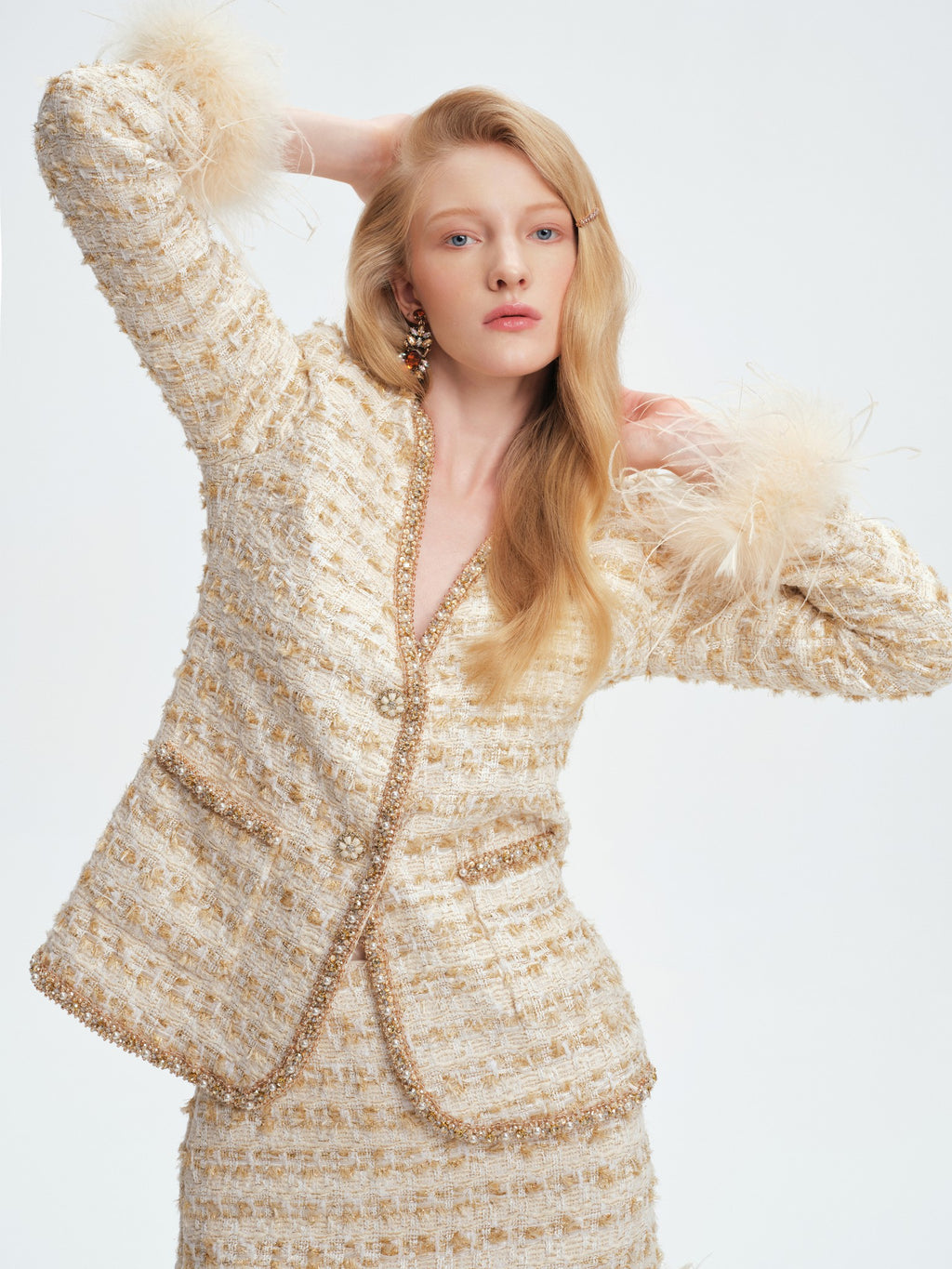 Rue Cambon V-Neck Waisted Tweed Top and Skirt Set side profile