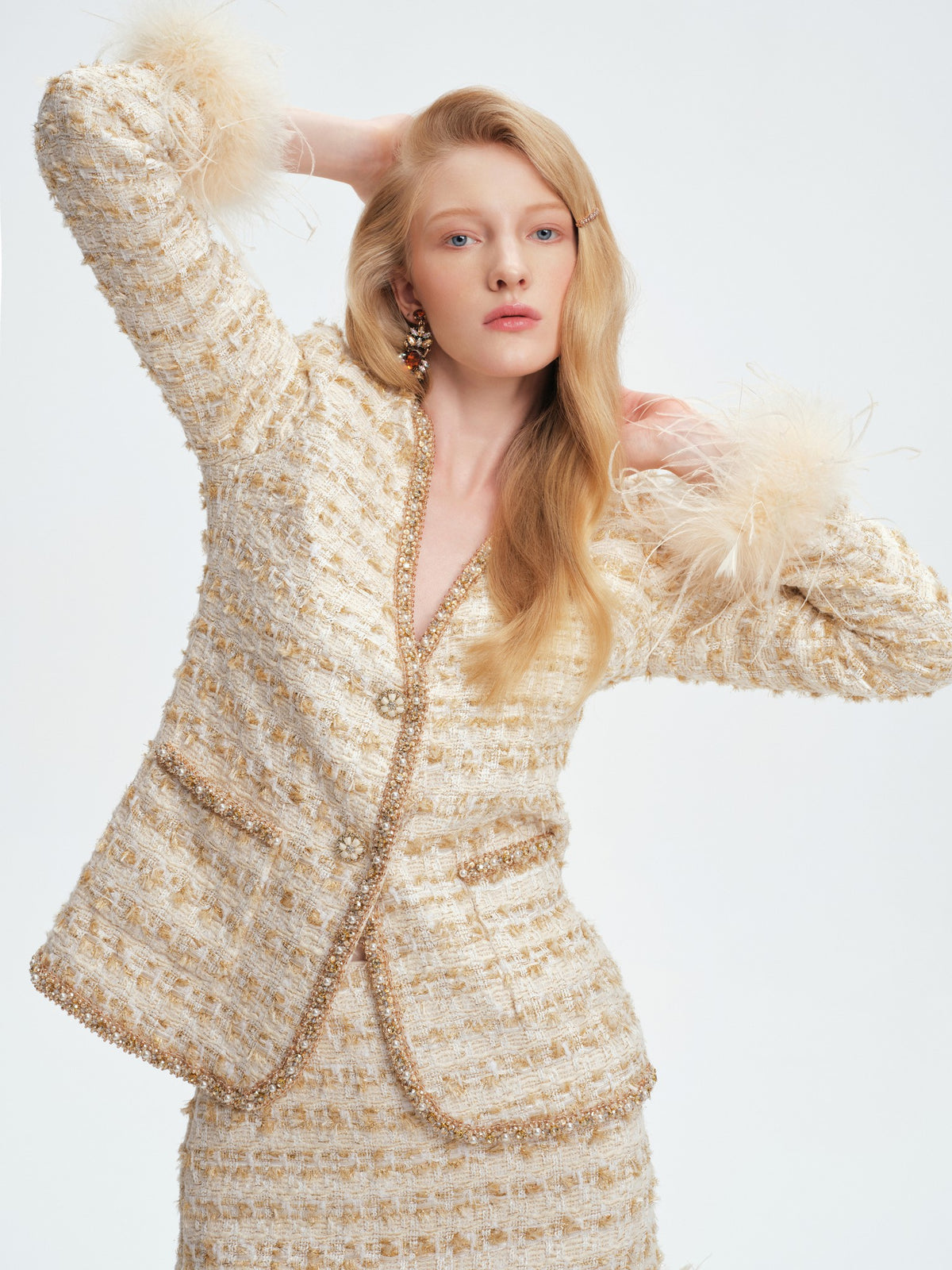 Rue Cambon V-Neck Waisted Tweed Top and Skirt Set side profile